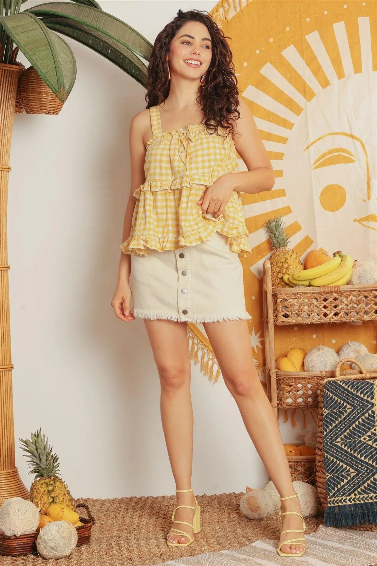 Yellow & White Plaid Cotton Sleeveless Ruffle Flare Hem Top /2-2-2 - Tasha Apparel Wholesale