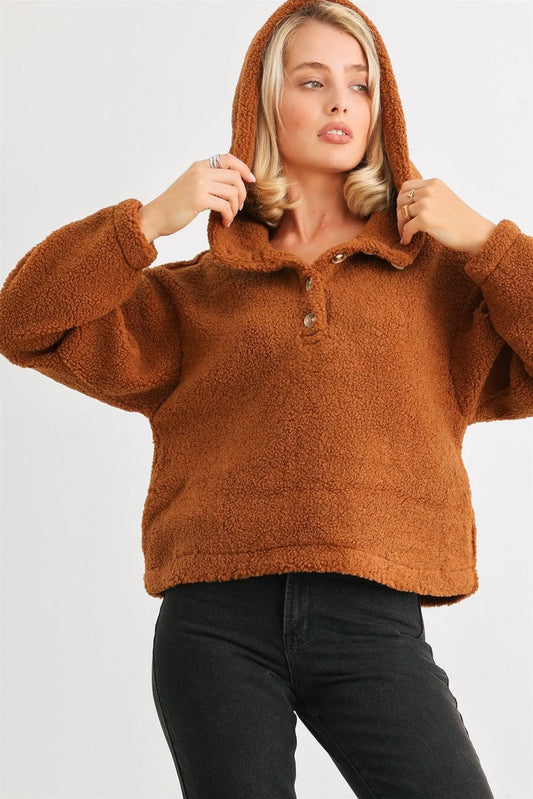 Camel Teddy Knit Button-Up Two Pocket Hooded Sweater /2-3 - Tasha Apparel Wholesale