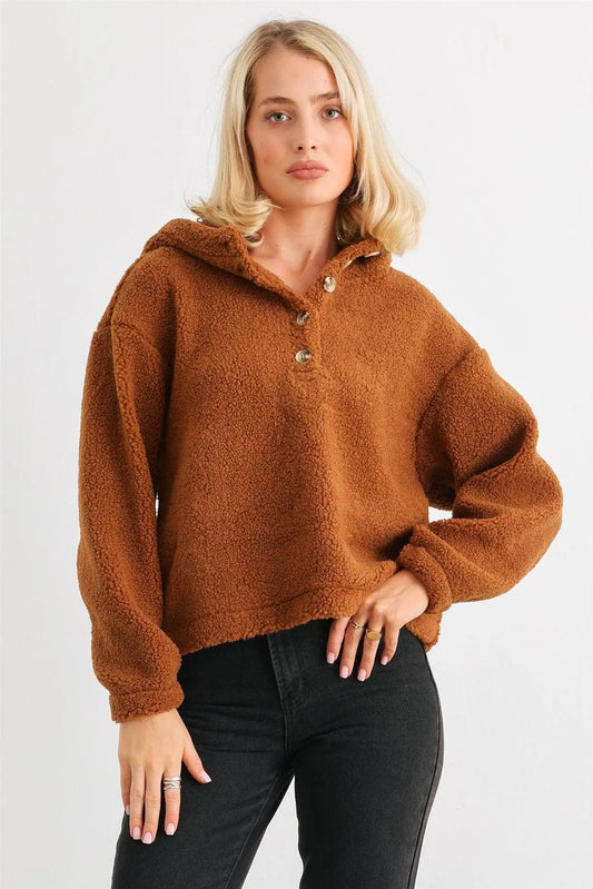 Camel Teddy Knit Button-Up Two Pocket Hooded Pullover - Tasha Apparel Wholesale