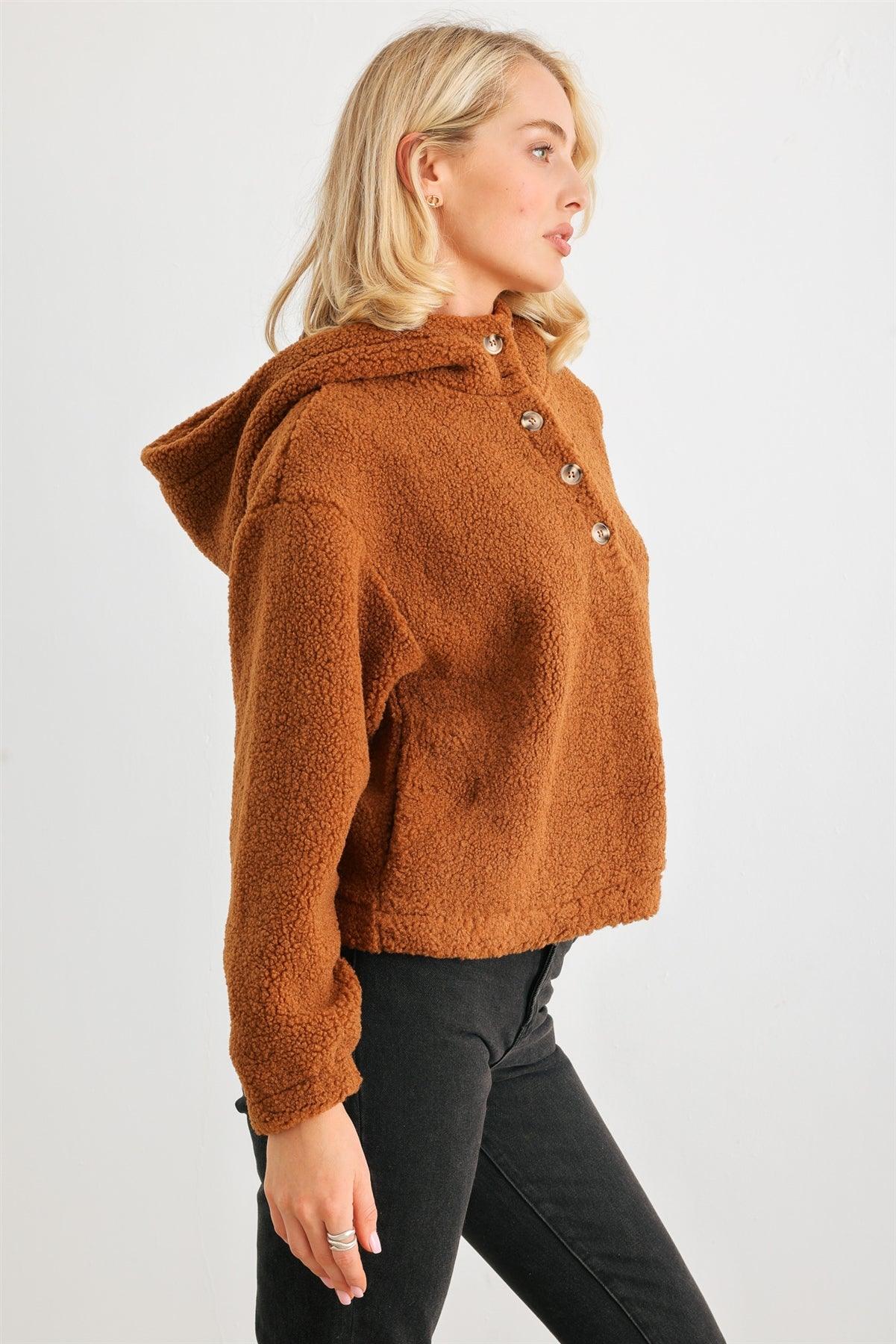 Camel Teddy Knit Button-Up Two Pocket Hooded Sweater /2-2-2