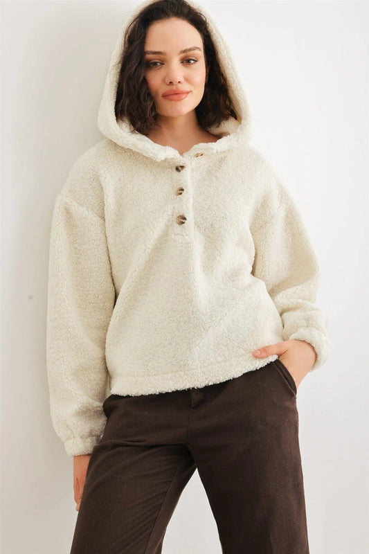 Teddy Knit Button-Up Two Pocket Hooded Sweatshirt - Tasha Apparel Wholesale