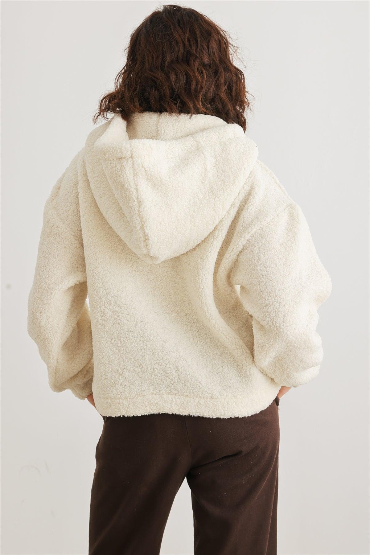 Cream Teddy Knit Button-Up Two Pocket Hooded Sweater /2-2-2