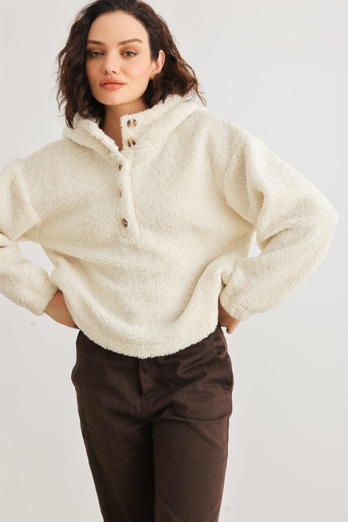 Cream Teddy Knit Button-Up Two Pocket Hooded Sweater /2-2-2