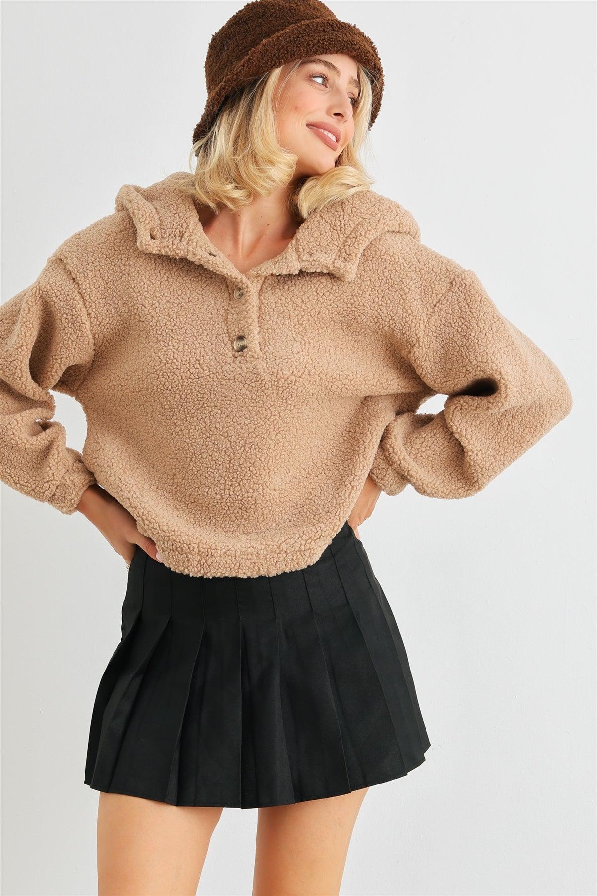 Mocha Teddy Knit Button-Up Two Pocket Hooded Sweater /2-2-2