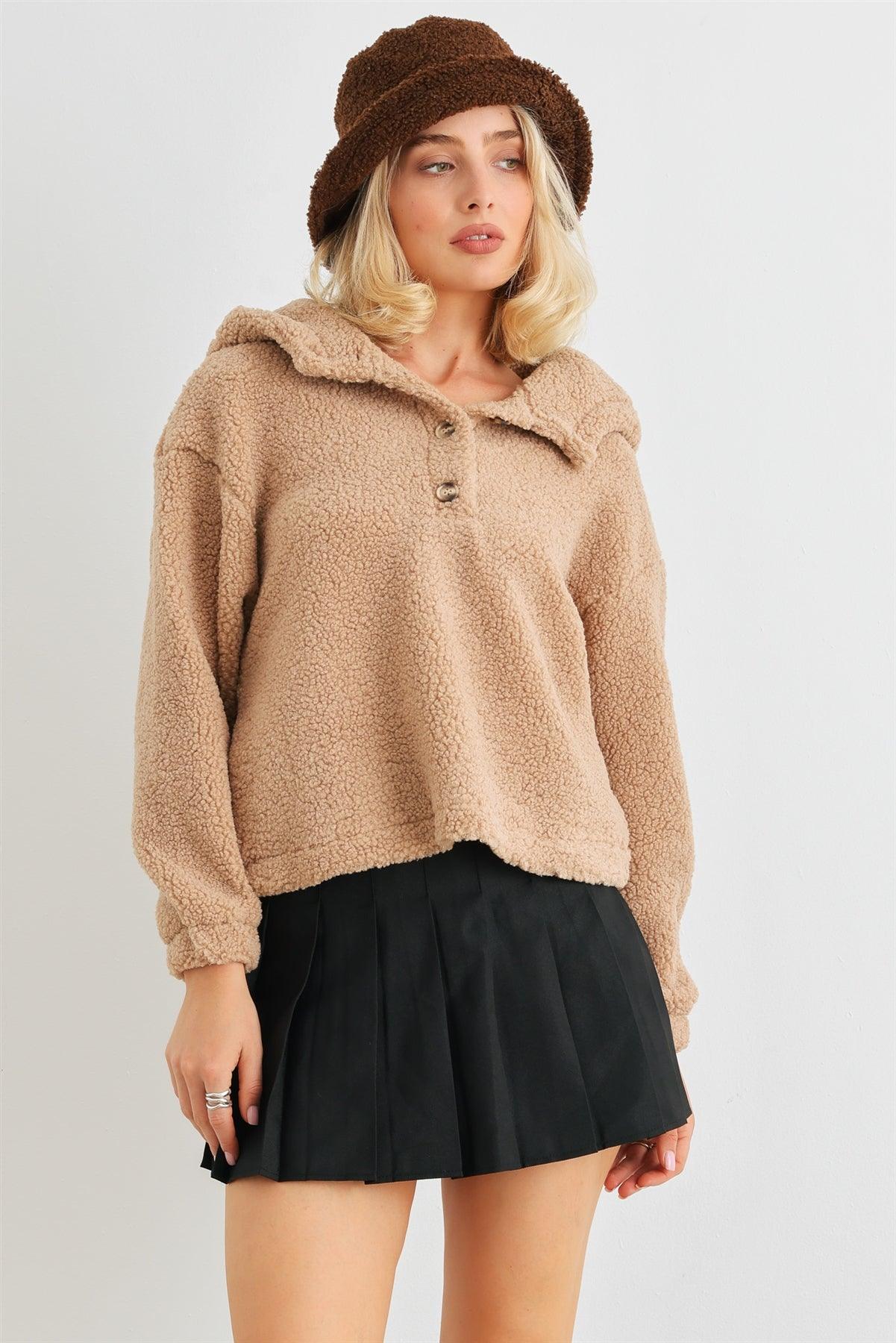 Mocha Teddy Knit Button-Up Two Pocket Hooded Sweater /2-2-2
