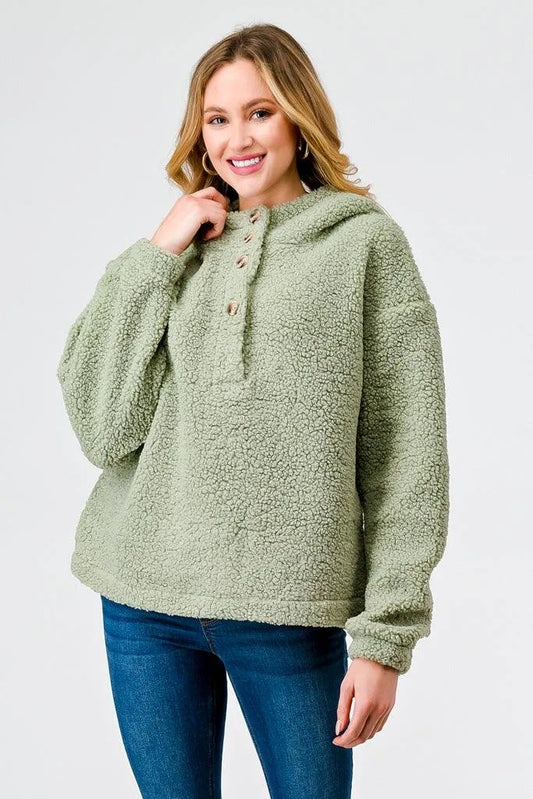 Sage Sherpa Button-Up Neck Two Pocket Hooded Sweater /1-2-2 - Tasha Apparel Wholesale