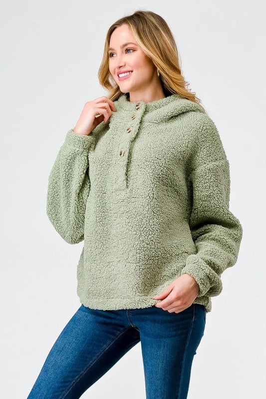 Sage Sherpa Button-Up Neck Two Pocket Hooded Pullover - Tasha Apparel Wholesale