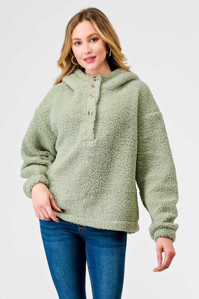 Sage Sherpa Button-Up Neck Two Pocket Hooded Sweater /2-2-2