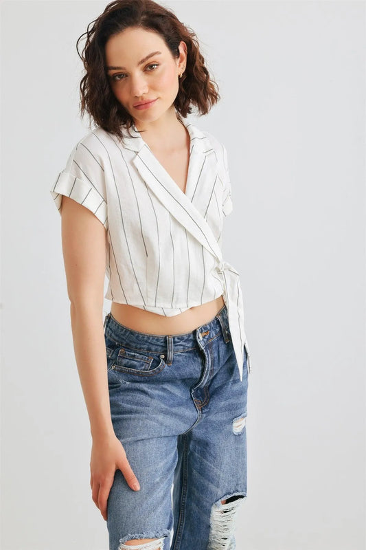 White & Black Striped Collared Wrap Neck Tie Crop Top /2-2-2 - Tasha Apparel Wholesale