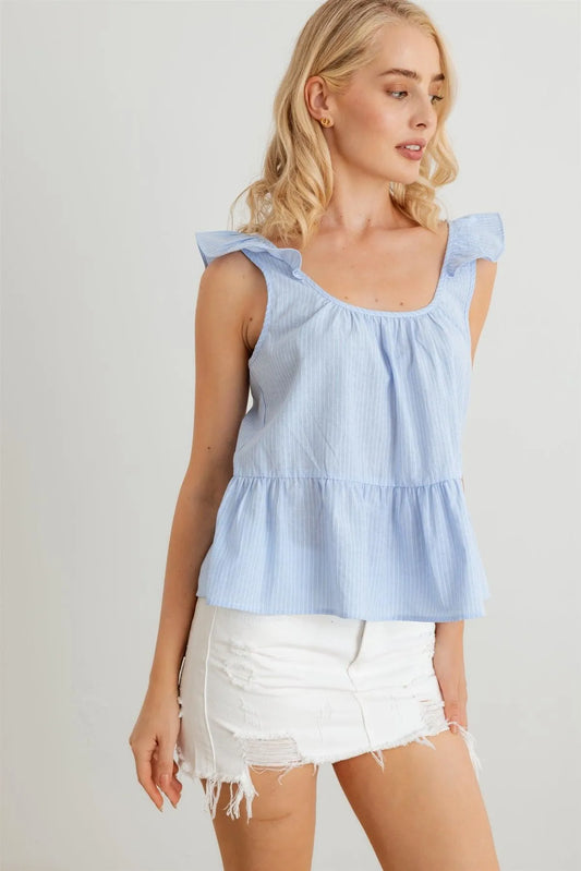Sky Blue Striped Sleeveless Flare Hem Top - Tasha Apparel Wholesale