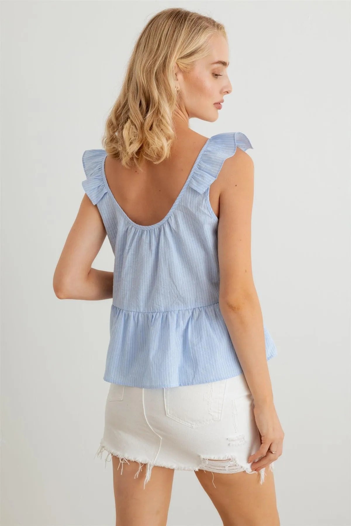 Sky Blue Striped Sleeveless Flare Hem Top - Tasha Apparel Wholesale