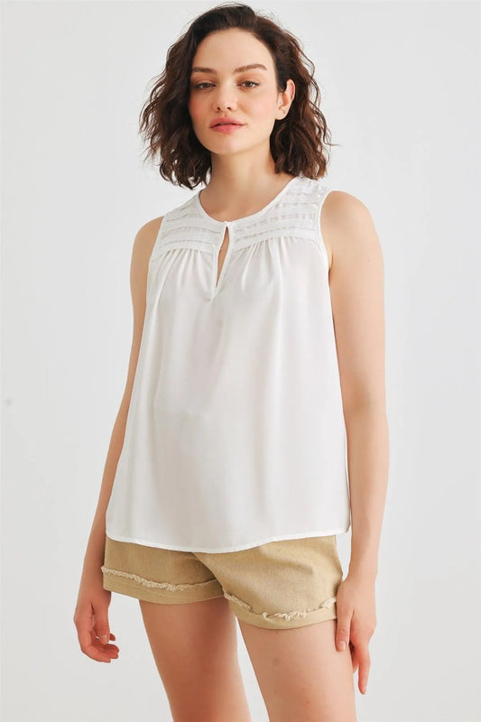 Off-White Trim Sleeveless Crew Neck Relax Tank Top /2-2-2 - Tasha Apparel Wholesale