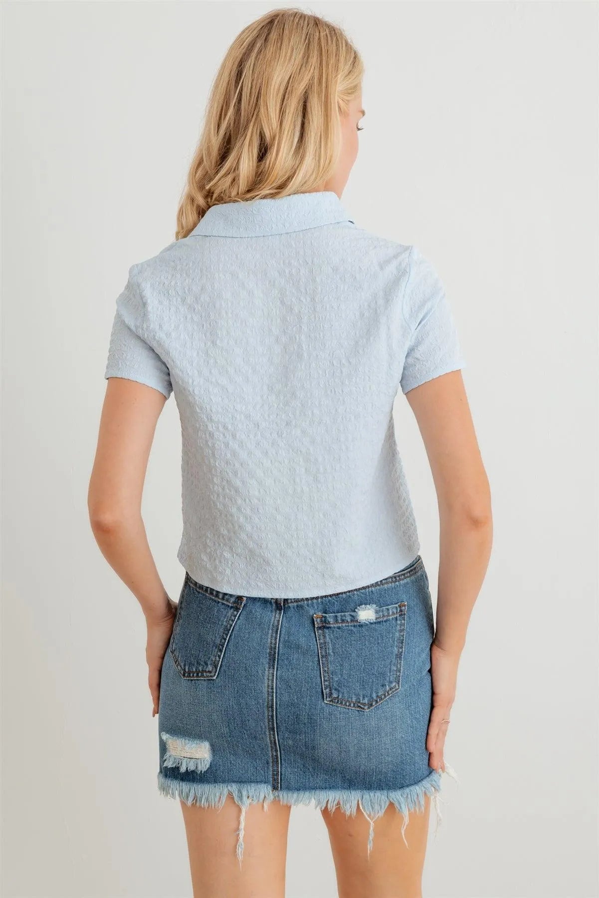 Textured Button-Up Short Sleeve Collar Neck Crop T-Shirt - Tasha Apparel Wholesale