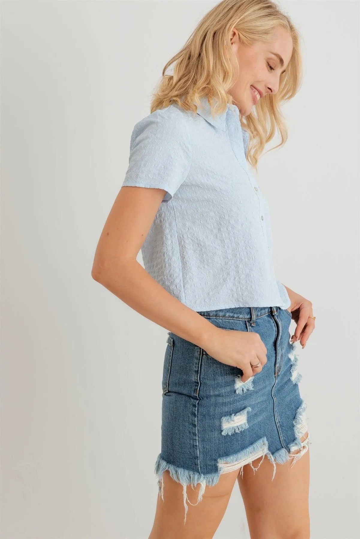 Textured Button-Up Short Sleeve Collar Neck Crop T-Shirt - Tasha Apparel Wholesale