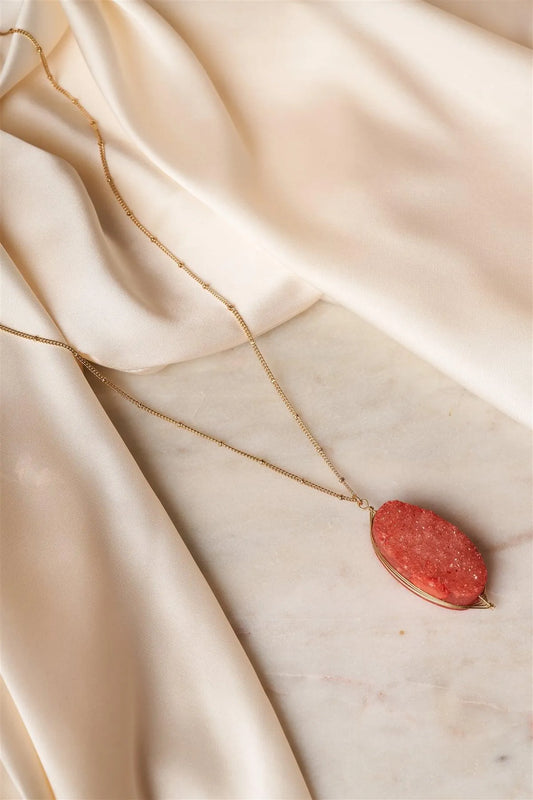Gold Peach Red Sparkling Druzy Stone Pendant Necklace /6 pieces - Tasha Apparel Wholesale