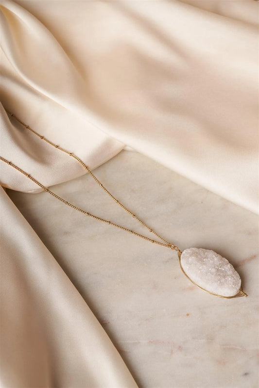 Gold White Sparkling Druzy Stone Pendant Necklace /1 Pair - Tasha Apparel Wholesale