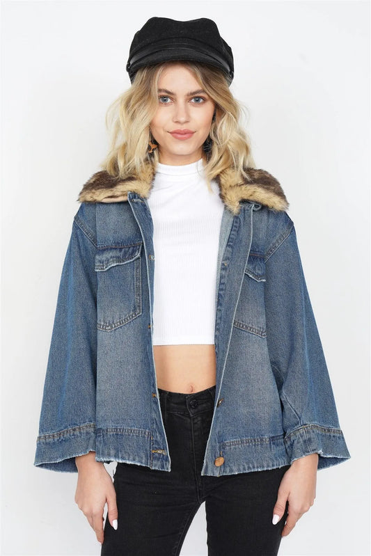 Denim Faux Fur Lace Up Sleeve Vintage Jean Jacket /2-2 - Tasha Apparel Wholesale
