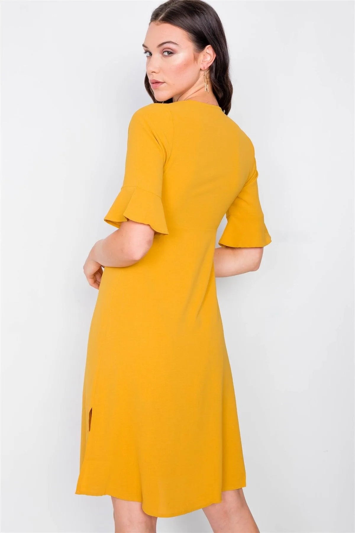 Mustard Front Pleated Bow Midi Low Side Slit Dress /2-2-2 - Tasha Apparel Wholesale