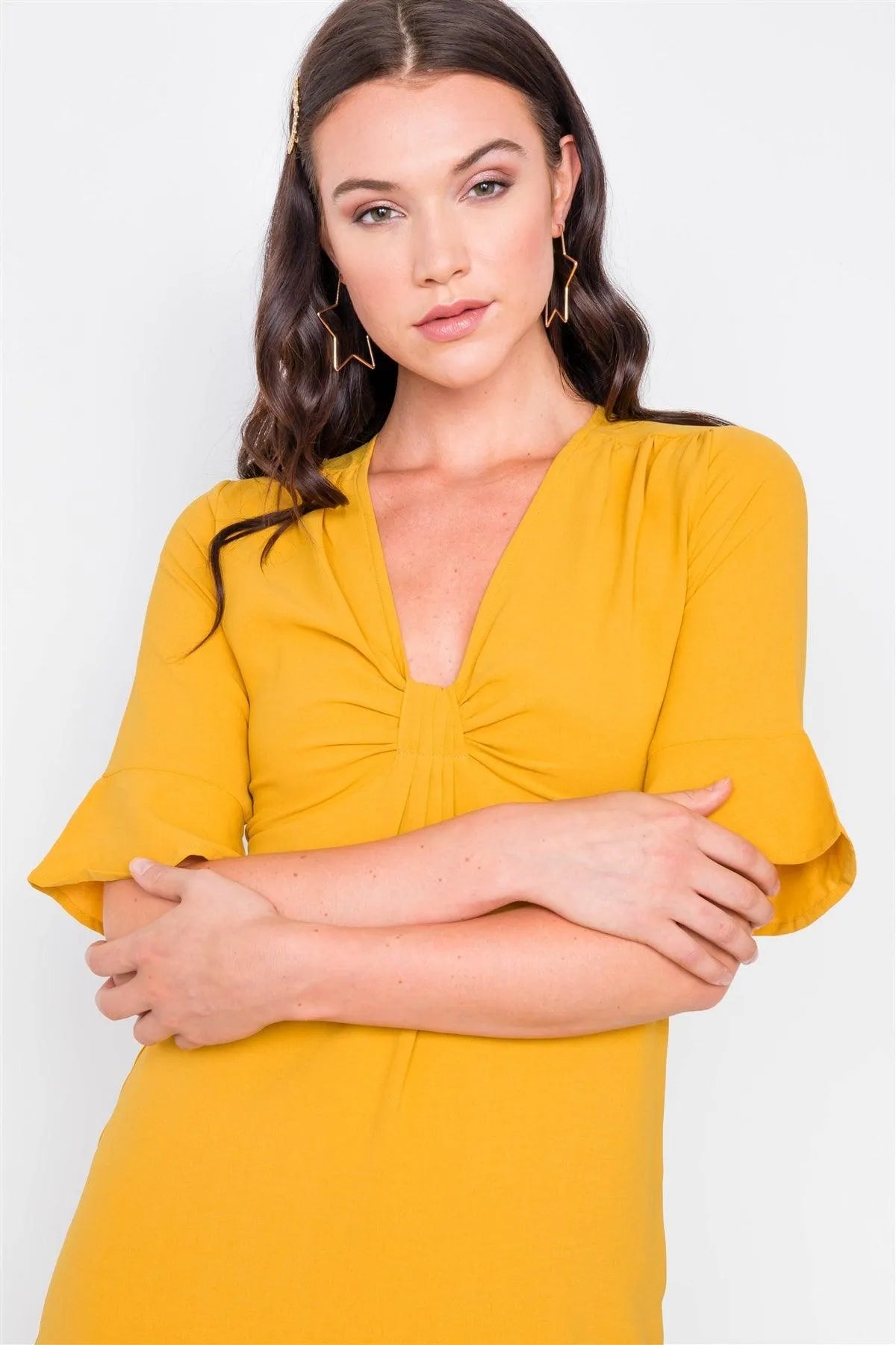 Mustard Front Pleated Bow Midi Low Side Slit Dress /2-2-2 - Tasha Apparel Wholesale