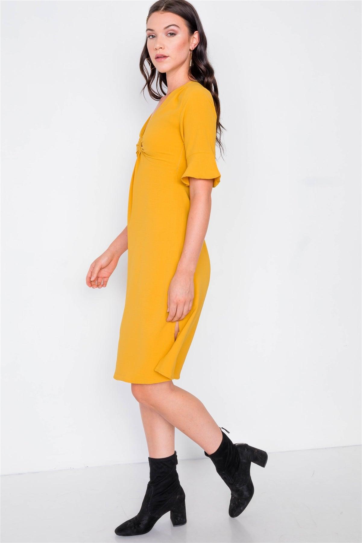 Mustard Front Pleated Bow Midi Low Side Slit Dress /2-2-2