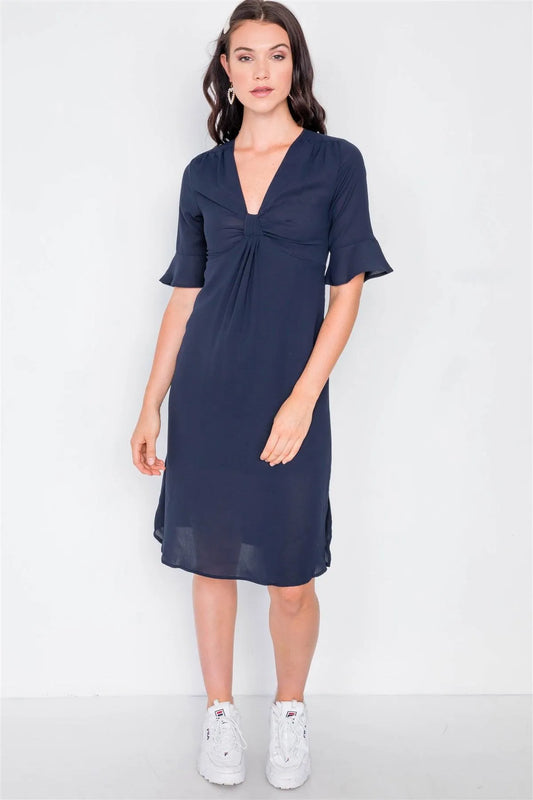 Navy Front Pleated Bow Midi Low Side Slit Dress /2-2-2 - Tasha Apparel Wholesale