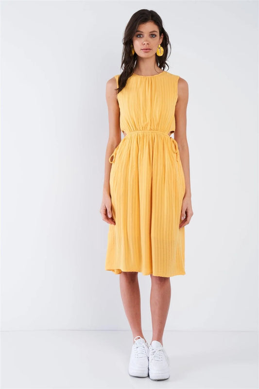 Yellow Boho Print Chic Adjustable Side Cut Midi Dress /2-2-2 - Tasha Apparel Wholesale