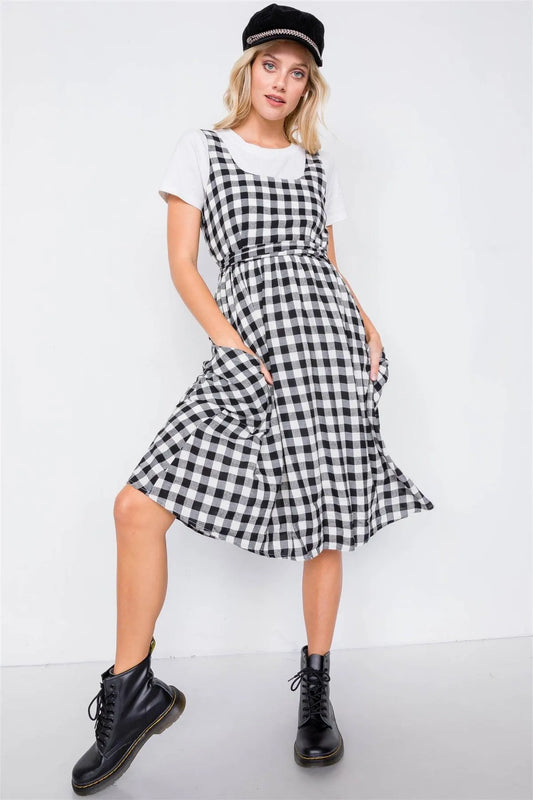 Black Scoop Neck Side Pockets Checkered Gingham Midi Dress /2-2-2 - Tasha Apparel Wholesale