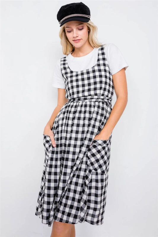 Black Scoop Neck Side Pockets Checkered Gingham Midi Dress /3-2-2 - Tasha Apparel Wholesale
