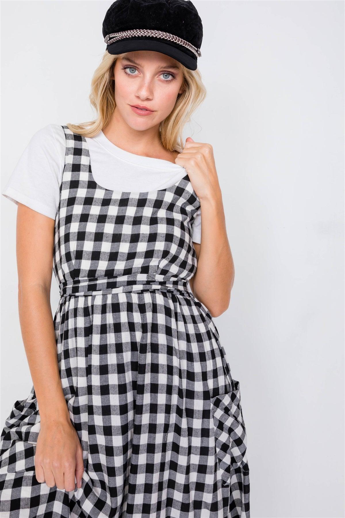 Black Scoop Neck Side Pockets Checkered Gingham Midi Dress  /3-2-2