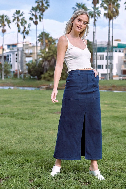 Navy Blue Denim Midi Center Slit High Waist Casual Skirt /2-2-2 - Tasha Apparel Wholesale