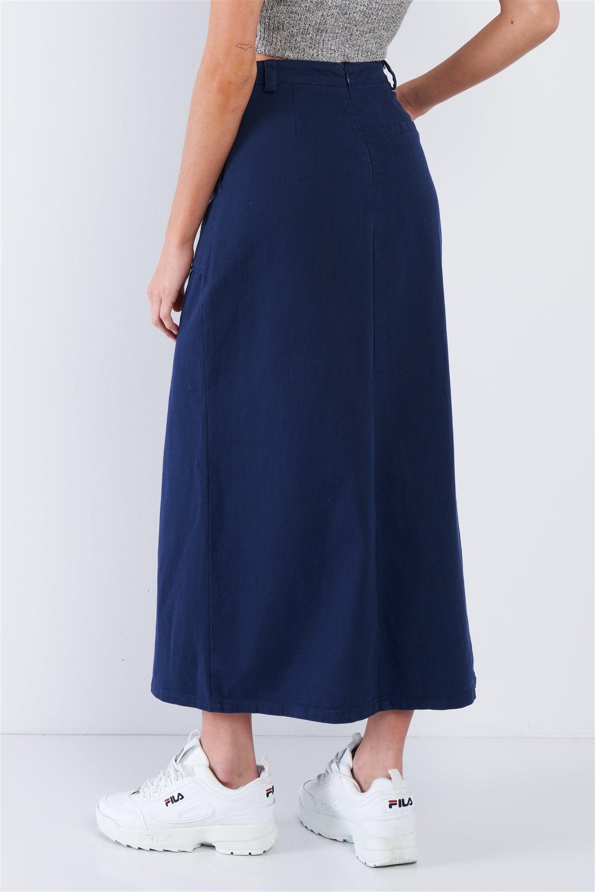 Navy Blue Denim Midi Center Slit High Waist Casual Skirt /2-2-2