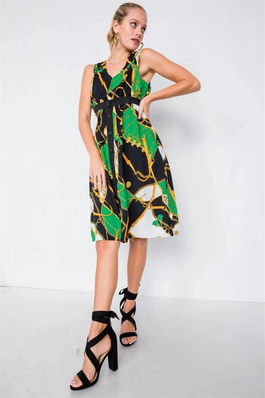 Green Gold Chain Print V-Neck Office Chic Midi Dress - Tasha Apparel Wholesale