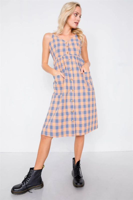 Orange Plaid V-Neck Midi Dress /2-2-2 - Tasha Apparel Wholesale