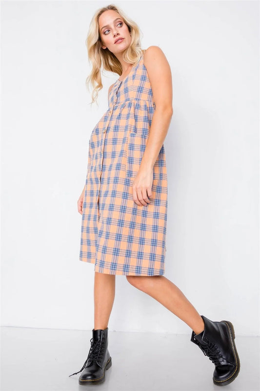 Orange Plaid V-Neck Midi Dress /2-3-2 - Tasha Apparel Wholesale