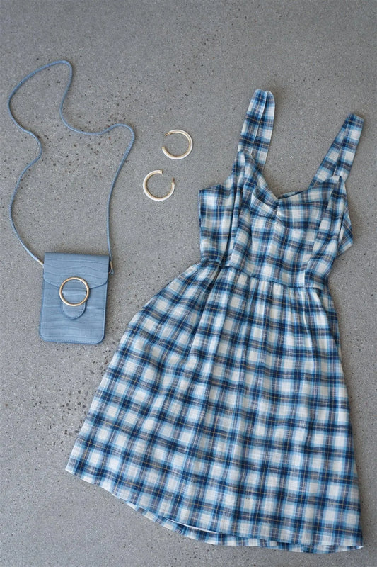 Blue Plaid Stripe Cut Out Back Bow Midi Sundress /2-2-2 - Tasha Apparel Wholesale
