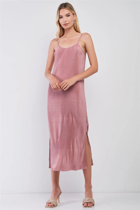Dusty Pink Pleated Sleeveless Round Neck Side Slit Detail Midi Dress - Tasha Apparel Wholesale