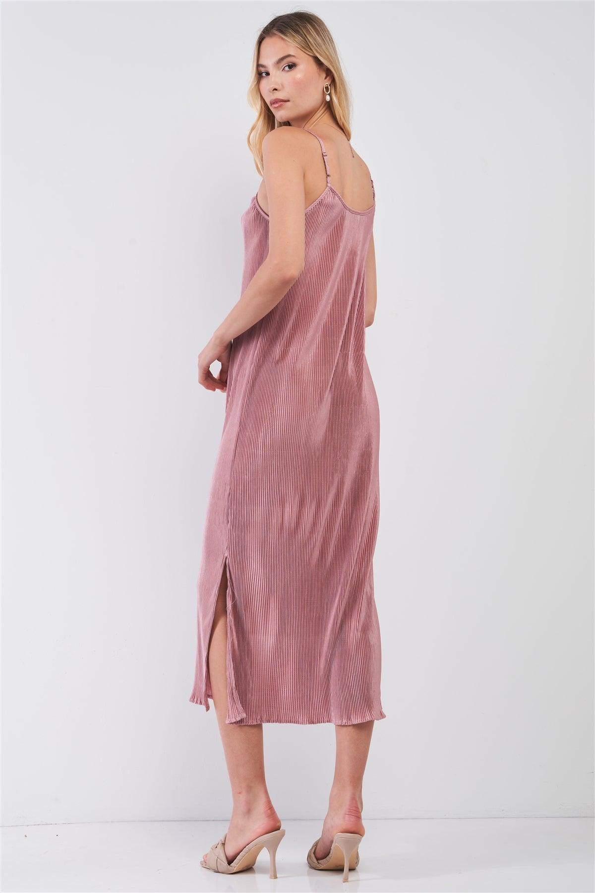 Dusty Pink Pleated Sleeveless Round Neck Side Slit Detail Midi Dress