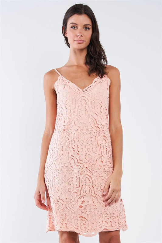 Blush Me Tender Pink Crochet Sleeveless V-Neck Relaxed Fit Mini Dress - Tasha Apparel Wholesale