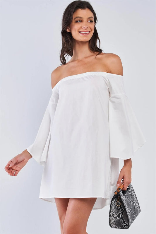 Ivory Minimalistic Relaxed Fit Off-The-Shoulder Angel Midi Sleeve Tunic Mini Dress /1-2-2-1 - Tasha Apparel Wholesale