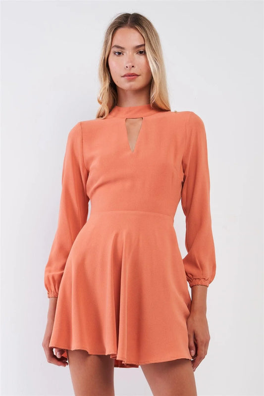 Brick Coral Long Sleeve Open Back A-Line Flare Mini Dress /1-2-1 - Tasha Apparel Wholesale