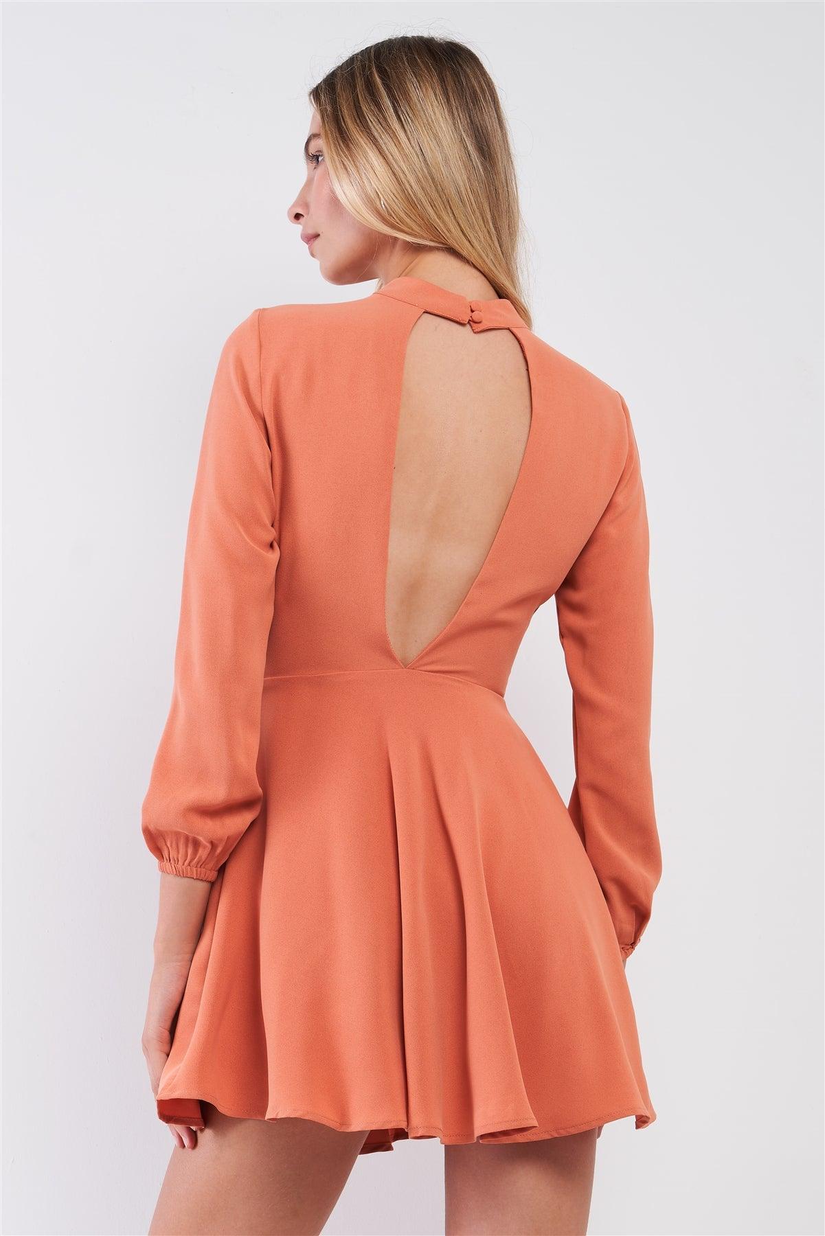 Brick Coral Long Sleeve Open Back A-Line Flare Mini Dress /1-2-1