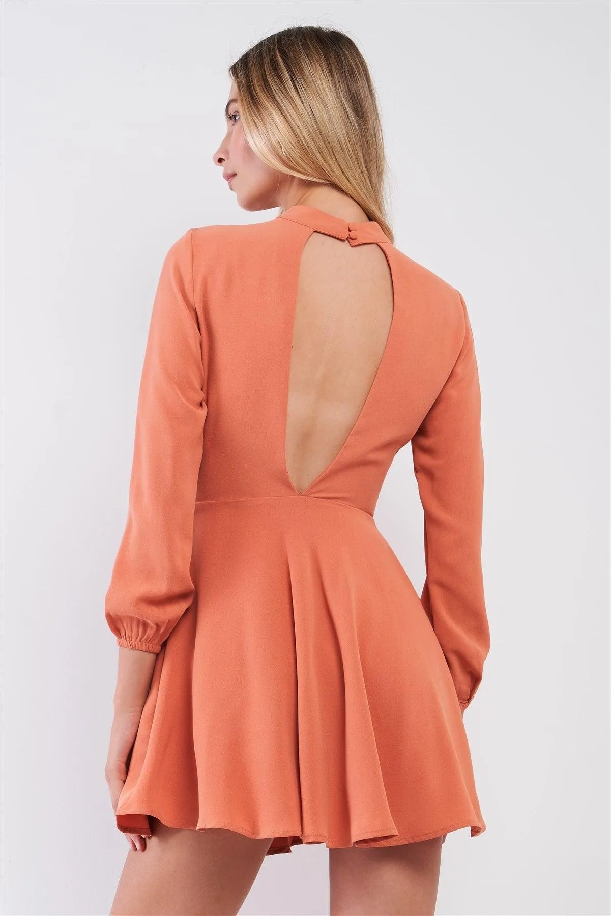 Brick Coral Long Sleeve Open Back A-Line Flare Mini Dress /2-1-1-1 Brick Coral Long Sleeve Open Back A-Line Flare Mini Dress /2-1-1-1