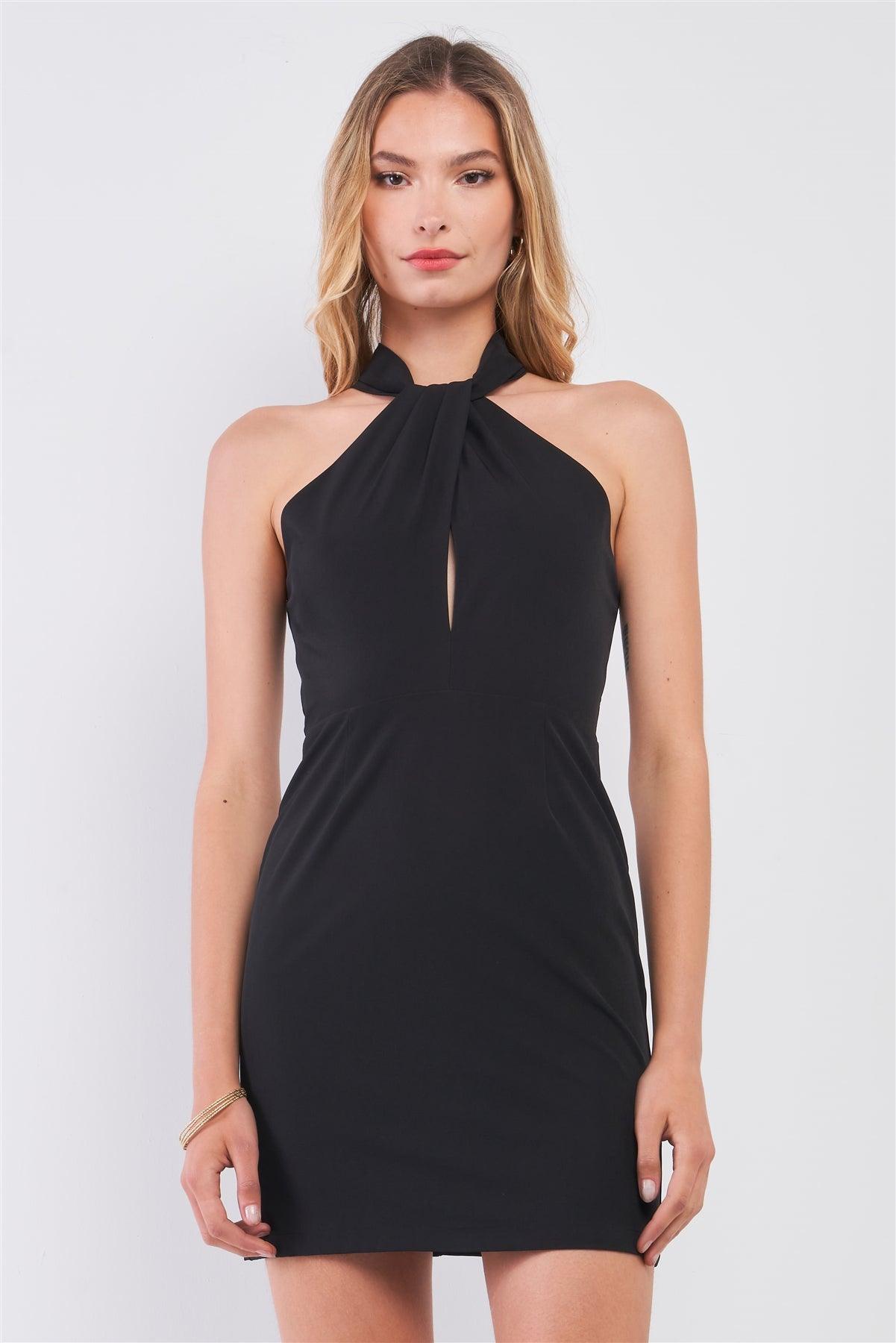 Black Sleeveless Twisted Front Detail Halter Neck Structured Mini Dress /1-2-2-1