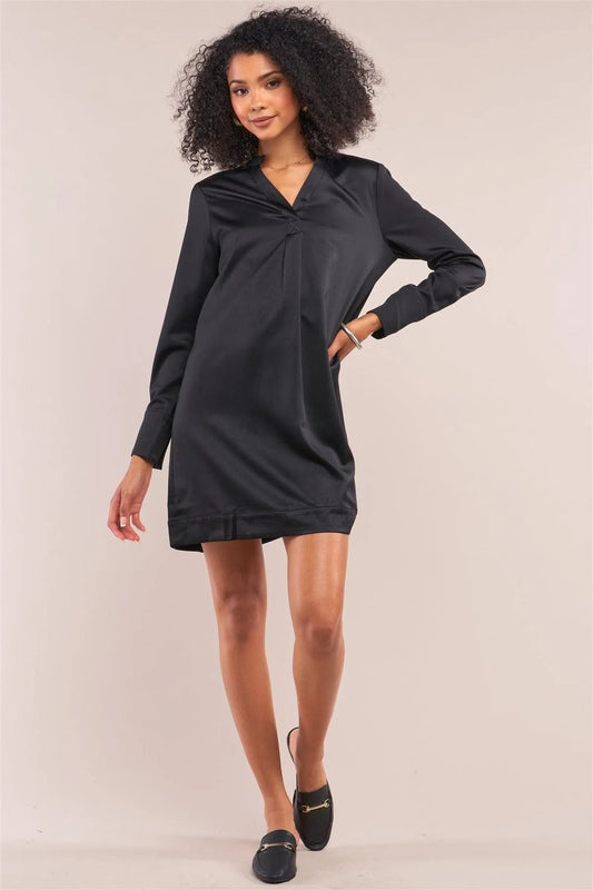 Jet Black Satin V-Neck Long Sleeve Relaxed Fit Shirt Dress /1-2-1 - Tasha Apparel Wholesale