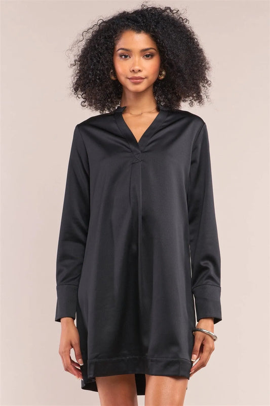 Jet Black Satin V-Neck Long Sleeve Relaxed Fit Shirt Dress /1-2-2-1 - Tasha Apparel Wholesale
