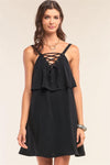 Black Sleeveless Lace-Up Detail V-Neck Layered Mini Dress /1-2-2-1