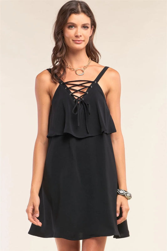 Black Sleeveless Lace-Up Detail V-Neck Layered Mini Dress /1-2-2-1 - Tasha Apparel Wholesale