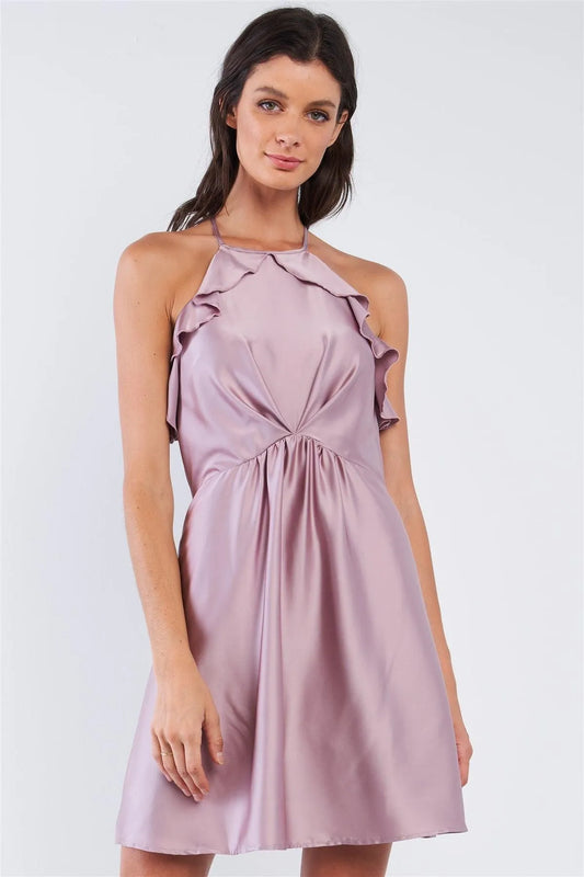 Mauve Satin Sleeveless Gathered Front Detail Ruffle Hem Round Neck Open Back Cocktail Mini Dress /1-2-2-1 - Tasha Apparel Wholesale