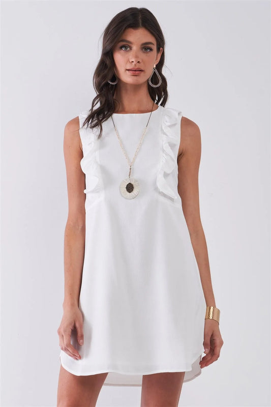 Ivory Round Neck Sleeveless Ruffle Front Loose Fit Mini Dress /2-1-1 - Tasha Apparel Wholesale
