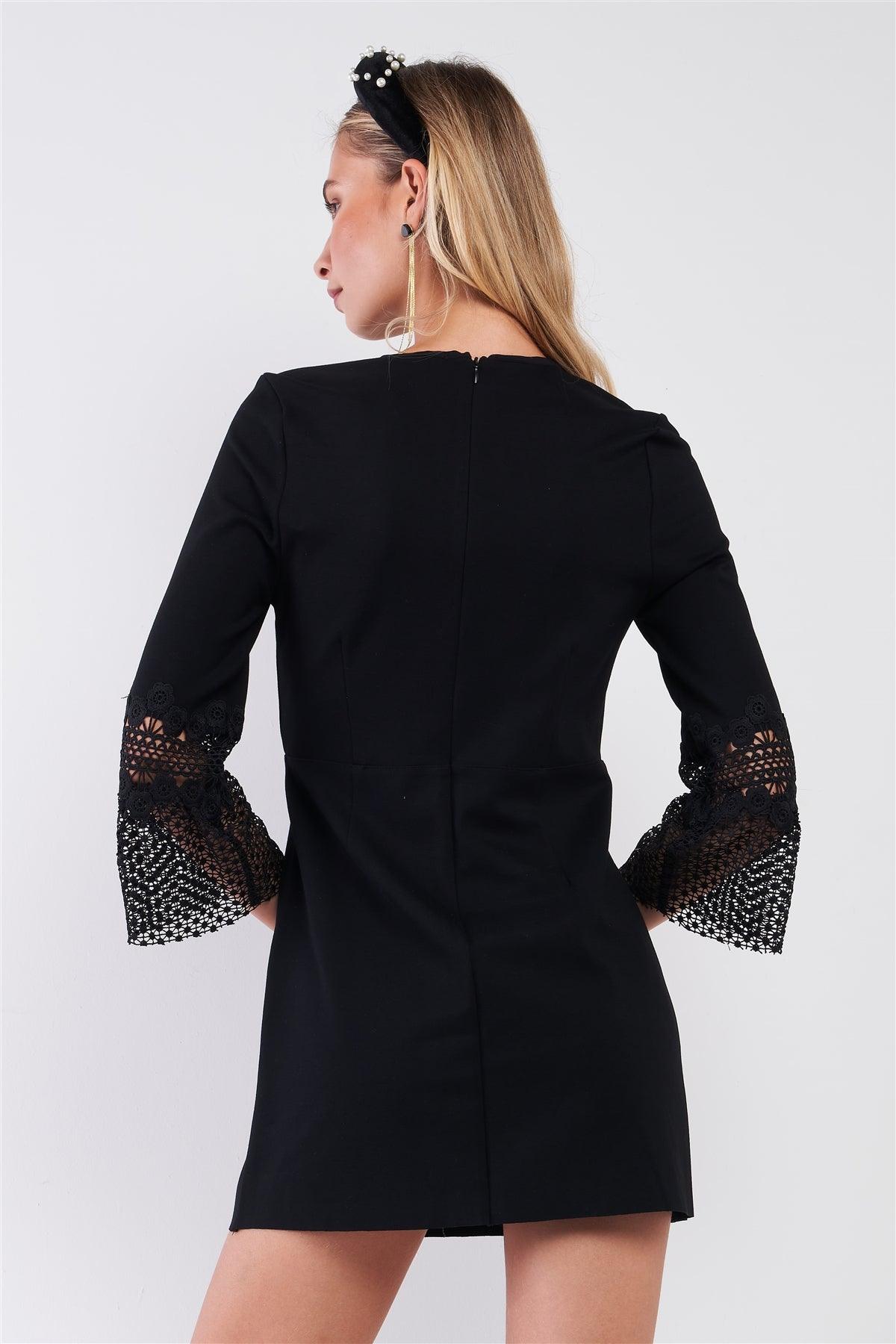 Black Round Neck Midi Sleeve With Crochet Lace Trim Mini Dress /1-1-2-1